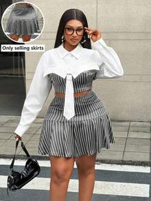 Maweii Women's Striped Pleated Skirt Set,White Autumn Casual Everyday Back-To-School 2 Piece Sets,Elegant Plus Size Shirt And Skirt Set,Commuter Daily Wear - Grey - View 1