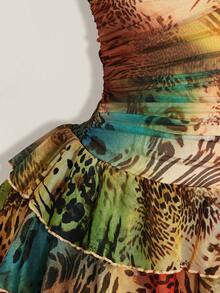 SHEIN ICON Plus Size Leopard Print Halter Neck Tie Waist Ruched Multi-Layered Tiered Mesh Dress - Multicolor - View 10
