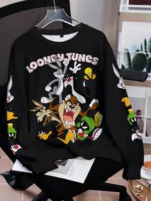 LOONEY TUNES X SHEIN Áo nỉ cổ tròn họa tiết hoạt hình và chữ cái thường ngày cho nam - trắng - Xem 3