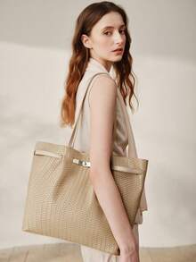 MOTF WOMEN'S FASHION APRICOT TOTE BAG, EXQUISITE STRAPS, RETRO WOVEN EMBOSSED MATERIAL SHOULDER BAG, LARGE CAPACITY COMMUTER BAG - Apricot - View 8