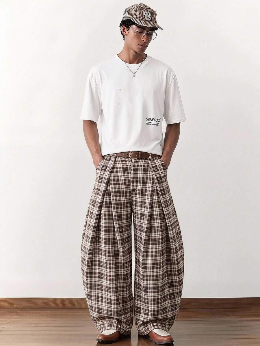 NORVETH Men's Plaid Pattern All-Over Print Loose Fashion Long Pants Summer - Brown - View 1