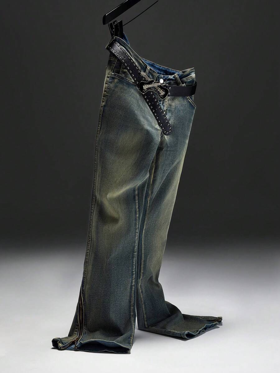 Zorclune Jeans casuales para hombre con bolsillos y diseño de cremallera en el tobillo - Azul lavado medio - View 1