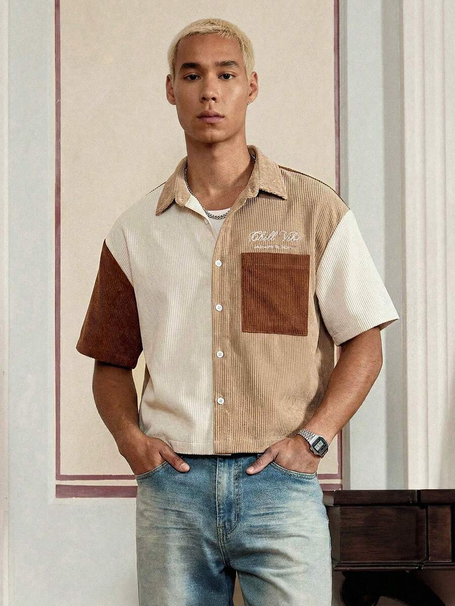 SWAVVY Men's Spring/Summer Patchwork Corduroy Short Sleeve Shirt - Khaki - View 1
