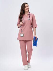 Scrubzie 不对称领刺绣长款制服上衣 - 粉色 - 查看 3