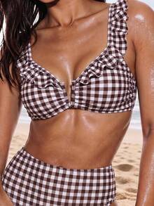 Swim Basics 新款歐美女款性感老錢風可愛時尚極簡純色荷葉邊抓褶深V露背綁帶上衣，海灘泳池派對棕色條紋 - 棕色 - 查看 3