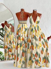 Sweetra Bohemian Style Printed Beach Spaghetti Strap Dress - Yellow - View 1