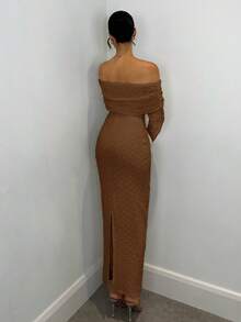 SHEIN BAE Gaun Apricot Model Bahu Terbuka, Lengan Panjang, Bahan Rajut Bertekstur, Pas Badan, Cocok untuk Kencan Romantis dan Liburan - Coffee Brown - View 2