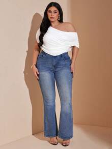 SHEIN BAE Bodysuit Bahu Asimetris Wanita Ukuran Plus Musim Semi/Panas, Bodysuit Liburan, Warna Plum - Putih - View 6