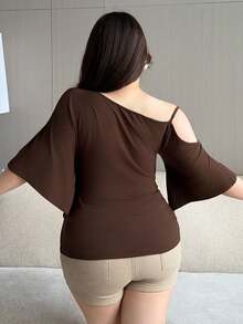 Dazy Plus Solid Color Slim Fit Open Shoulder Design Bell Sleeve Half Sleeve Elegant Brown Plus Size Women Spring Summer Autumn T-Shirt - Brown - View 2