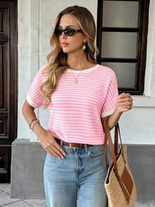 SHEIN PariChic Women's New Round Neck Short Sleeve Back Bow Striped Top, Suitable For Travel, Shopping And Dating Outfits - Pink - View 3