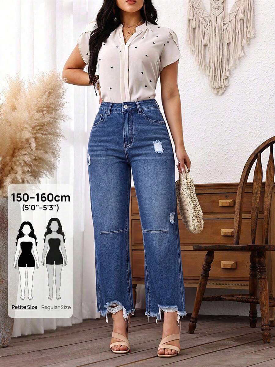SHEIN PETITE 女款時尚百搭口袋鈕扣磨損毛邊牛仔褲 - 深色水洗藍 - 查看 1