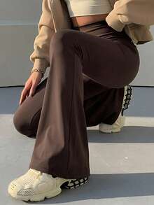 DAZY Spring Summer Slim Fit Solid Color Long Flare Leggings - Brown - View 6