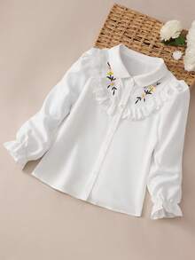 SHEIN Girls White Petal Sleeve Pearl Decor Detachable Bow Top Back To School Essential Fall Elegant Preppy - White - View 8