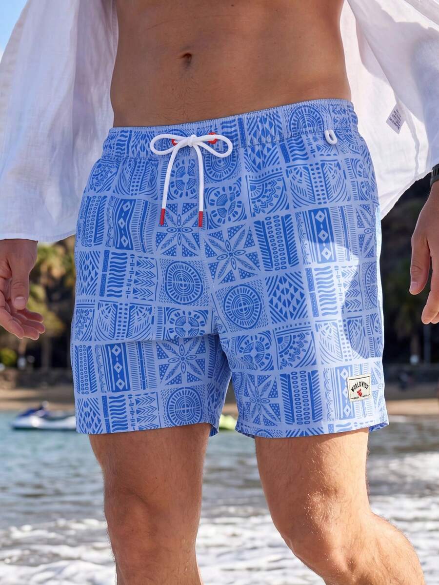 CoralVoy Men's Vacation Geometric Print Drawstring Waist Casual Beach Shorts - Blue - View 1