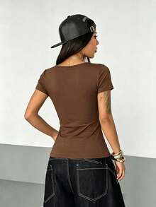StreetHx Streetwear Summer Women's Letter Print Rhinestone Short Sleeve T-Shirt - Rust Brown - View 2