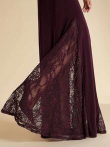 SHEIN BAE Women's Burgundy Semi-High Neck Short Sleeve Lace Inset Patchwork Elegant Dress Formal Banquet Dinner Date Birthday Autumn - Purple - View 6