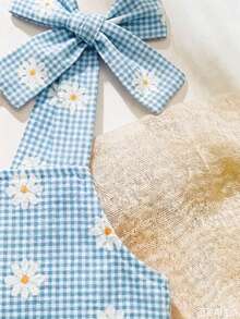 SHEIN 2件組女嬰幼兒/新生兒0-3歲春夏季休閒日常可愛度假條紋蝴蝶結圖案吊帶上衣+短褲套裝 - 淺藍色 - 查看 3