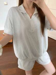DAZY Summer Old Money Sporty Style Minimalist Casual Knit Women's Loungewear Set Pajamas - Grey - View 8