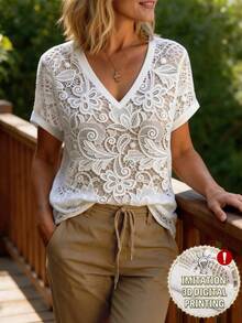 EMERY ROSE Women's V-Neck T-Shirt,White Floral Summer Elegant Holiday Vacation Casual Lace Print Short Sleeve,Boho Chic Clubwear,Parties Events Everyday Wear - Multicolor - View 1