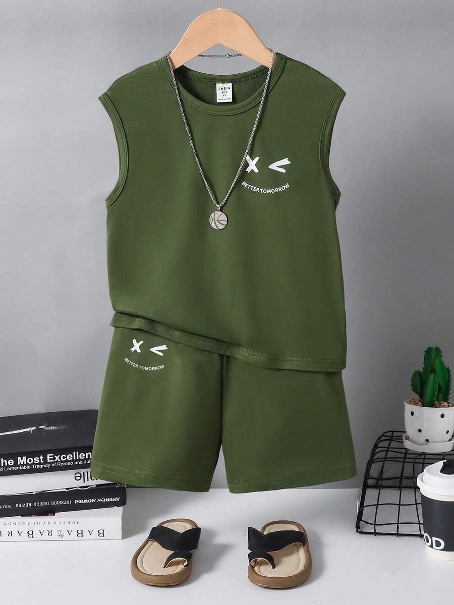 SHEIN Mirajuku Young Boy Summer Small Round Neck Cute Print Pullover Sports Tank Top & Sports Shorts 2pcs Set, A Set Of Children's Sleeveless Sports Casual Outfit, Comprising Top And Shorts, Main Color Black. The Top Is A Sleeveless Round Neck Style, Overall Style And Lively, Suitable For Summer Sports Or Daily Casual Wear, Able To Show The Child's Vitality And Personalized. - Dark Green - View 1
