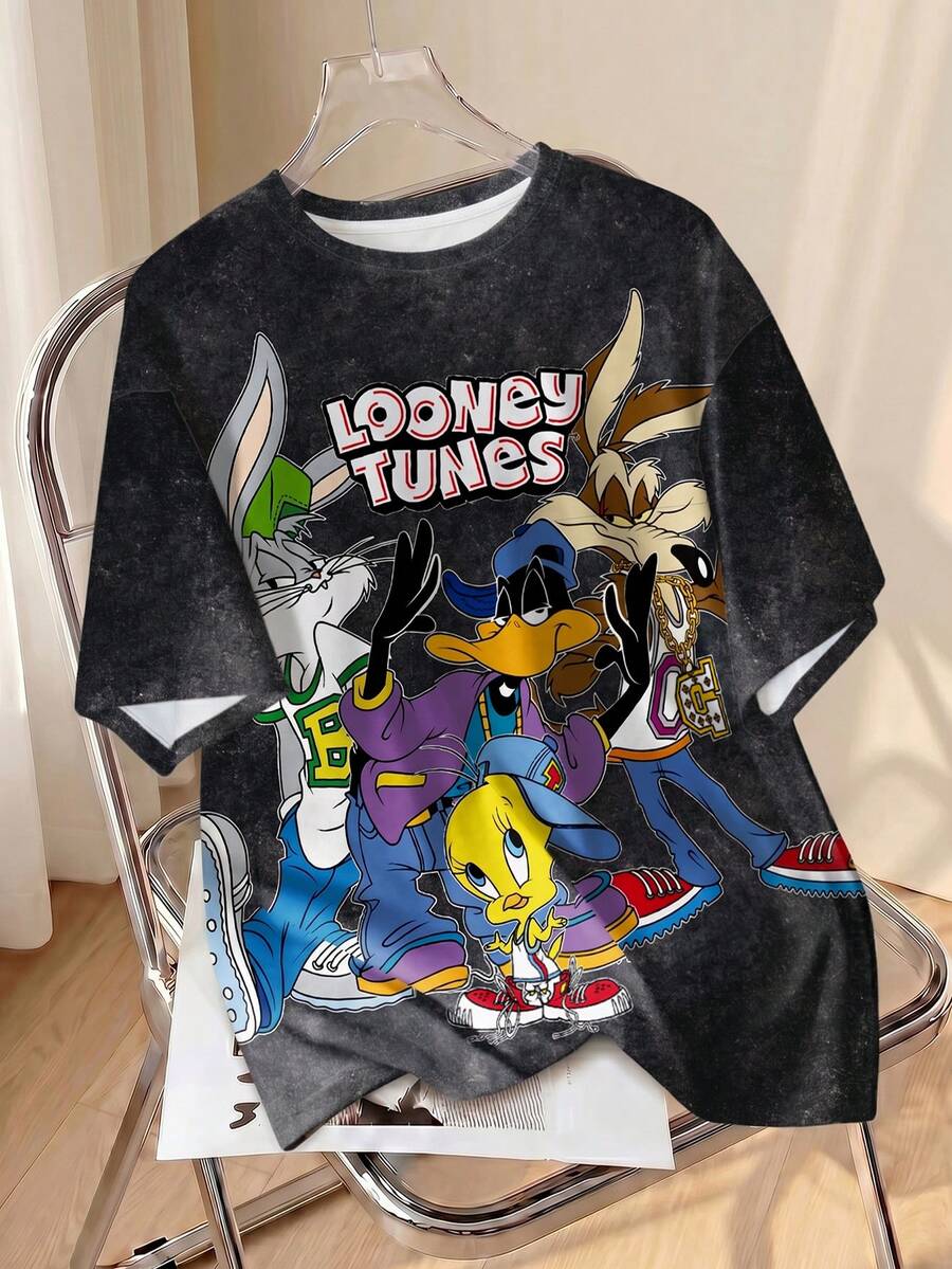 LOONEY TUNES X SHEIN Men's Casual Letter & Cartoon Graphic Round Neck Short Sleeve T-Shirt, Summer - White - View 1