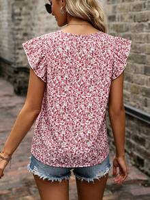 SHEIN LUNE CURVE 大码女式碎花荷叶袖休闲衬衫，适合日常、度假和通勤穿着。 - 彩色 - 查看 2