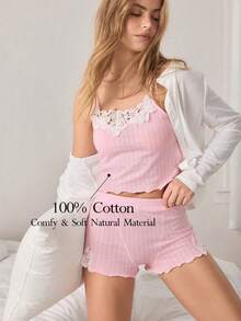 Ocili Women's Lace Trim Camisole And Shorts Pajama Set - Baby Pink - View 1