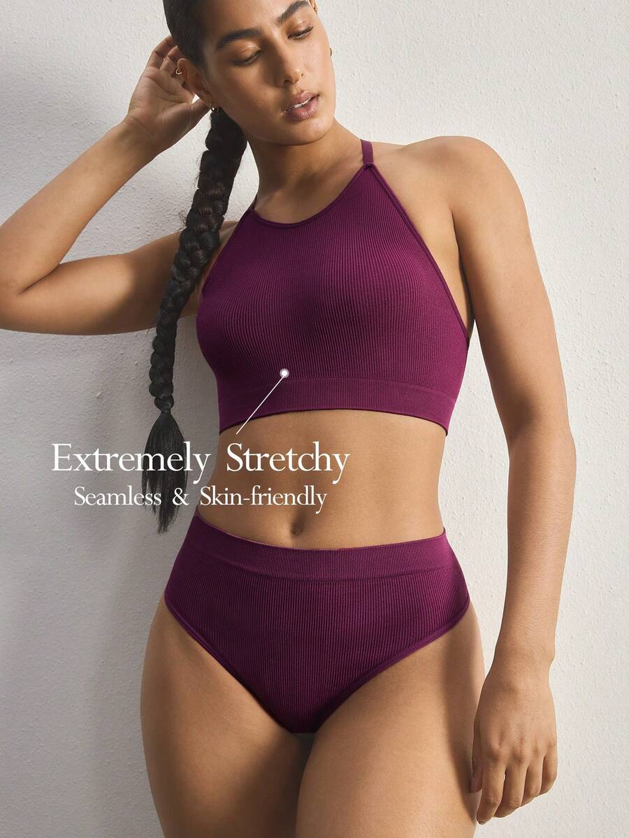 Ocili 2pcs/Set Seamless Comfortable Minimalist Bra And Thong Panty Set For Women - Purple - View 1