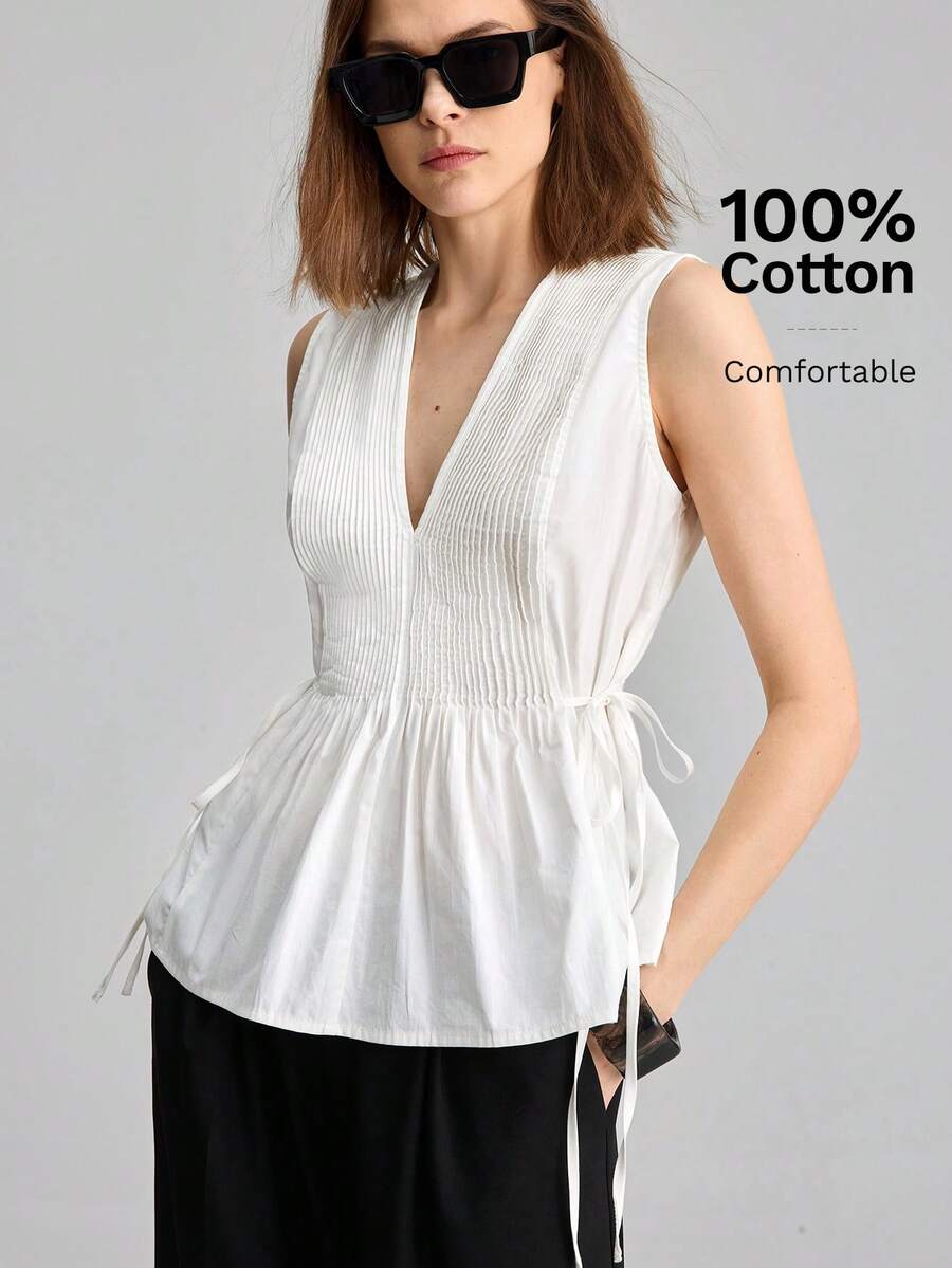 Ontre Áo kiểu nữ không tay, màu trơn, dáng suông, thắt eo, thích hợp cho mùa hè. - trắng - Xem 1