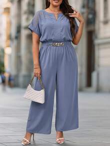 Chikora Plus Size Summer Casual Elegant Solid Color Short Sleeve Jumpsuit Brunch Bussines Evening Office Dusty Blue - Blue - View 9