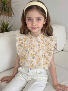 SHEIN Elladie kids 女童夏季新款荷葉領前側荷葉抽褶設計，簡約百搭田園風優雅藍色襯衫，法式復古碎花荷葉無袖上衣，甜美優雅碎花兒童上衣 - 杏色 - 查看 4