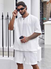 EGENSIO Plus Size Men's Textured Short Sleeve T-Shirt And Shorts Casual Set - White - View 3