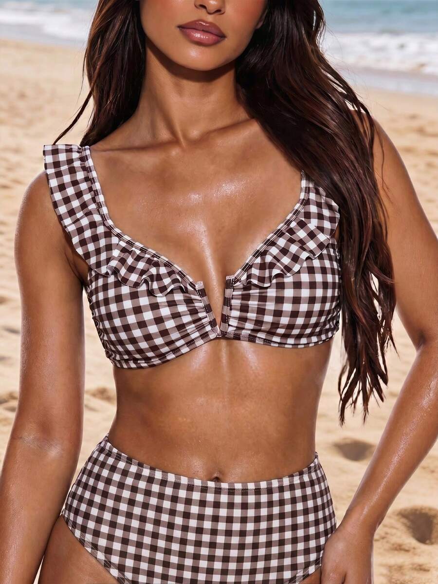 Swim Basics 新款歐美女款性感老錢風可愛時尚極簡純色荷葉邊抓褶深V露背綁帶上衣,海灘泳池派對棕色條紋 - 棕色 - 查看 1