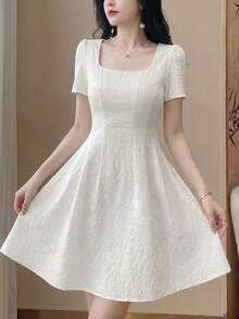 Celisse Elegant French Light Luxury Style Jacquard Square Neck Short Sleeve Waist-Defining Slimming A-Line Commuter Vacation Spring Summer Women's Dress - White - View 5