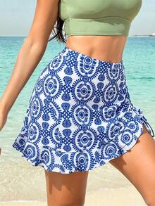 EMERY ROSE Rok Lipit Motif Cetak Seluruh Permukaan untuk Wanita, Cocok untuk Liburan Musim Panas dan Pantai - Biru - View 3
