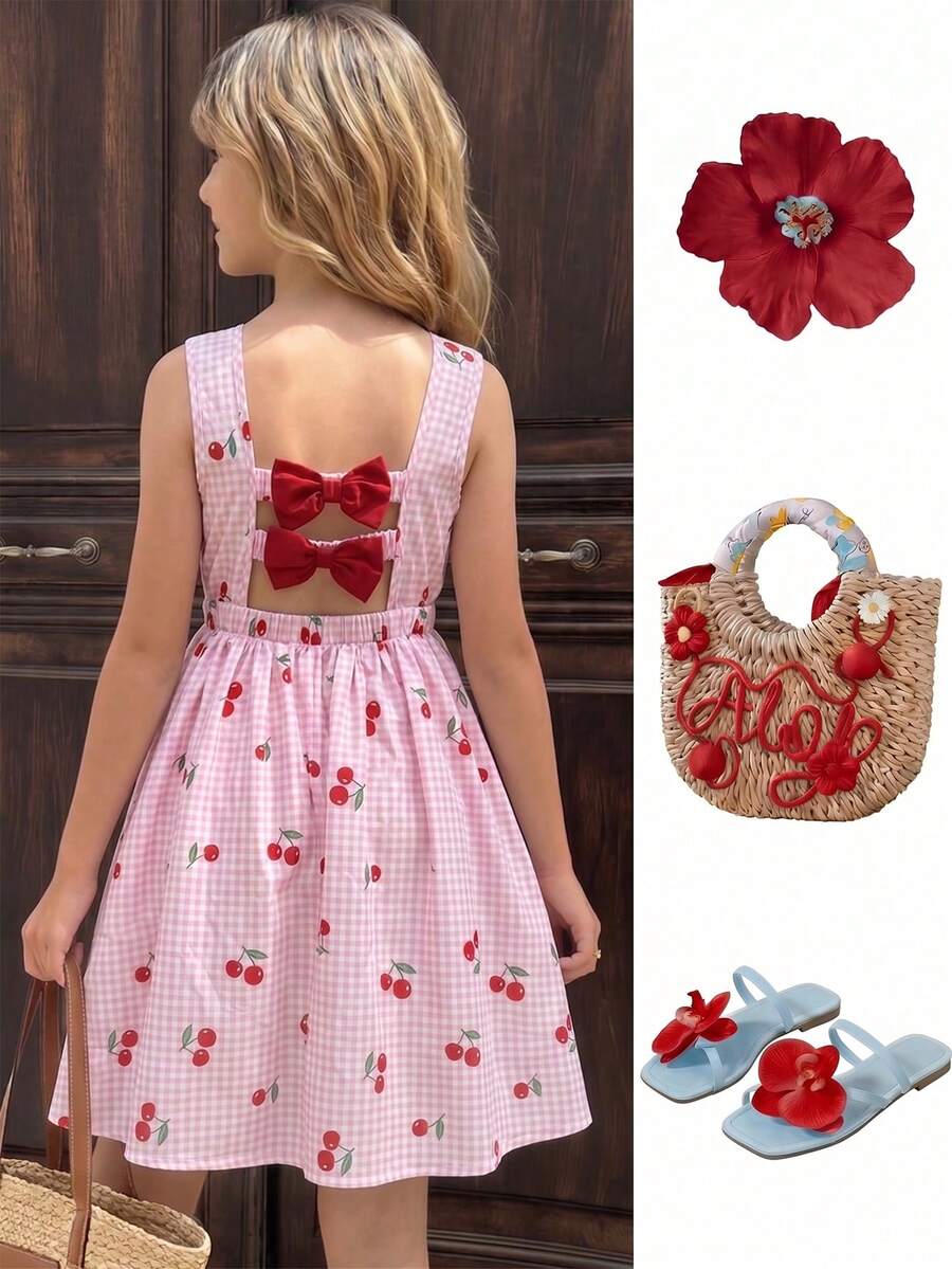 SHEIN 少女碎花露背蝴蝶结设计短袖收腰连衣裙 - 粉色 - 查看 1