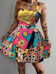 Whyspr Plus Size Spring Summer Multi-Color Patchwork Strap Dress - Multicolor - View 7