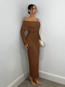 SHEIN BAE Gaun Apricot Model Bahu Terbuka, Lengan Panjang, Bahan Rajut Bertekstur, Pas Badan, Cocok untuk Kencan Romantis dan Liburan - Coffee Brown - View 4