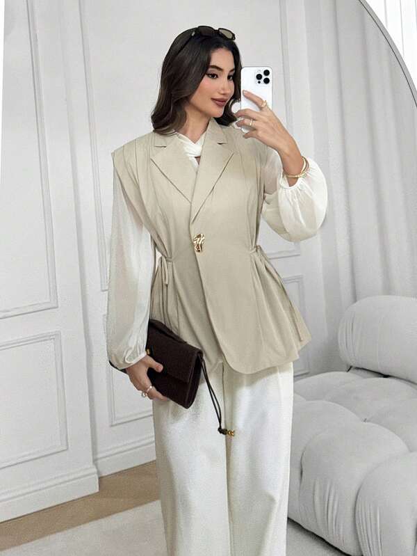 Solavon Áo vest blazer không tay nữ màu trơn, ve cổ notch, trang trí kim loại, phong cách casual đa năng, đi làm và du lịch
