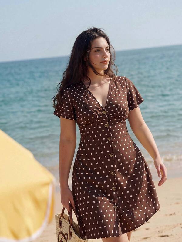 Solavibe Vestido casual de verano con estampado de lunares talla grande