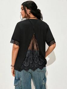 Nubod Plus Size Women's A-Line Lace Patchwork Casual Elegant T-Shirt, Romantic French Style Suitable For Office Date Night And Daily Wear, Spring/Summer - Black - View 4