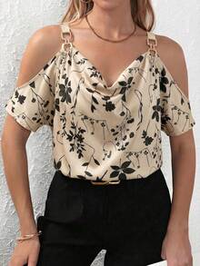 SHEIN Clasi Allover Print Cold Shoulder Chain Detail Blouse Off Shoulder Top - Khaki - View 5