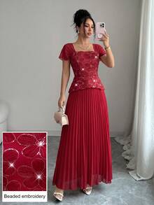 Modelyn 法式方領溫柔風亮片刺繡拼接修身百褶短袖優雅洋裝 - 紅色 - 查看 6