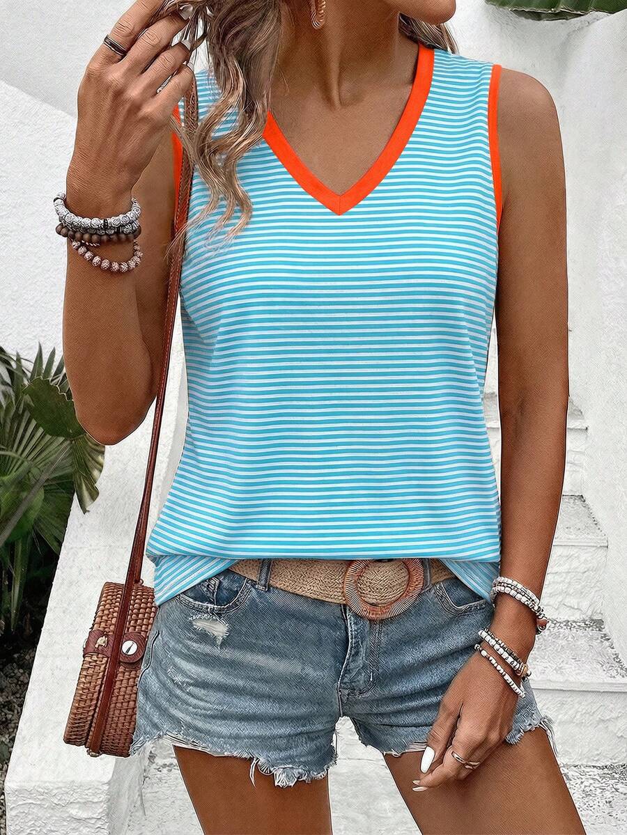 EMERY ROSE Women's Spring/Summer New V-Neck Bestselling Striped Print Pattern Colorblock Design Casual Versatile Tank Top - Multicolor - View 1