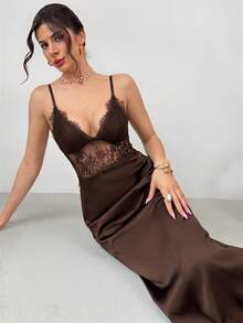 Firerie Women's Elegant Romantic Dark Brown Spaghetti Strap Lace Sexy Dress Night Out Summer Date Night - Brown - View 1
