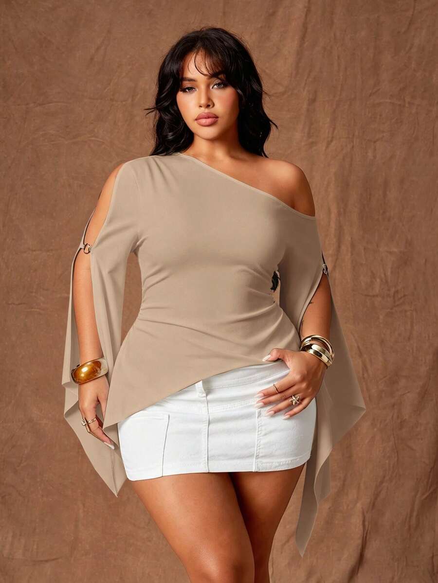 Rustia Blusa de talla grande para mujer con un hombro, manga acampanada y diseño asimétrico - Caqui - Ver 1