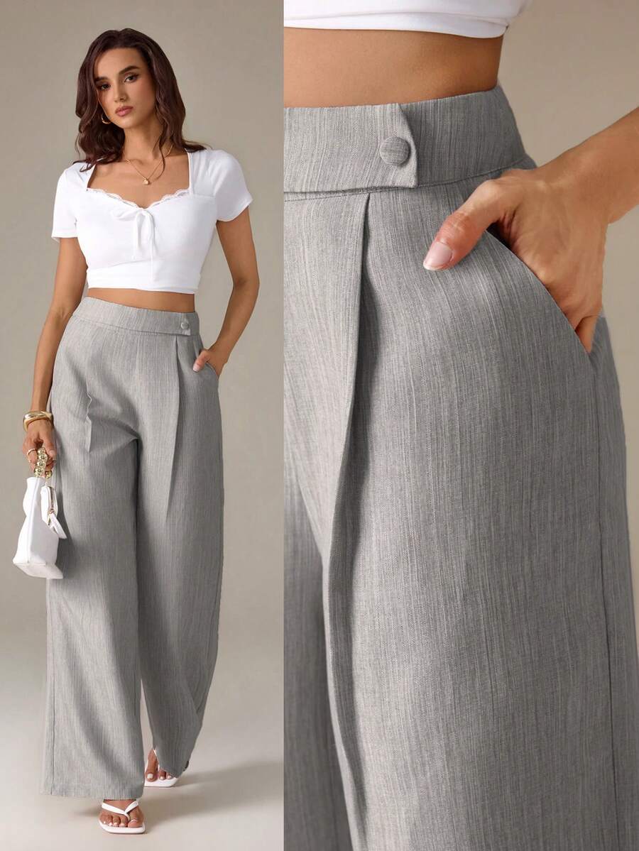 SHEIN Tall Pantaloni da donna in tessuto di bambù rosa con design a fibbia frontale in vita, eleganti, professionali e casual, adatti per insegnanti, essenziali per il Ringraziamento e Ognissanti, versatili, ampi e fluidi, a gamba dritta, per donne alte - Grigio - Visualizzare 1