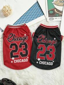 PETSIN 1pc Pet Dog Cat Chicago Black Number 23, Red Number 23 Jersey Striped Print Comfortable And Fashionable Sleeveless Vest - Multicolor - View 2