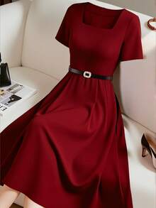 GlowEve CURVE Plus Size Women's Solid Color Square Neck Short Sleeve Elegant Dress Cocktail Formal Red Summer - Burgundy - View 3