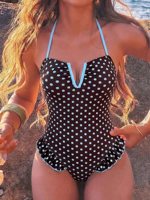 Swim Mod Women's Polka Dot Colorblock Halter One-Piece Swimsuit, Suitable For Beach Vacation, Pool Party, Beach Party